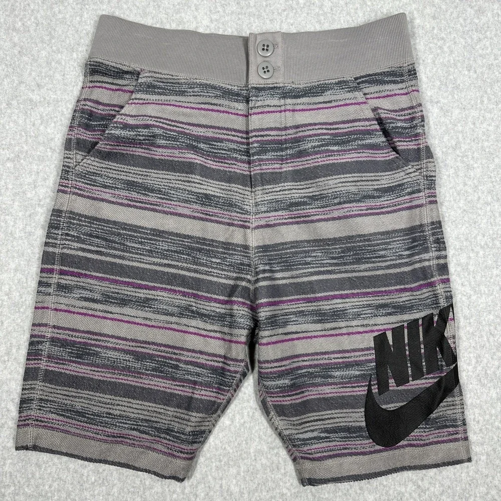 Nike FC Shorts Men's Small Grey Purple Striped Athletic Drawstring French Terry